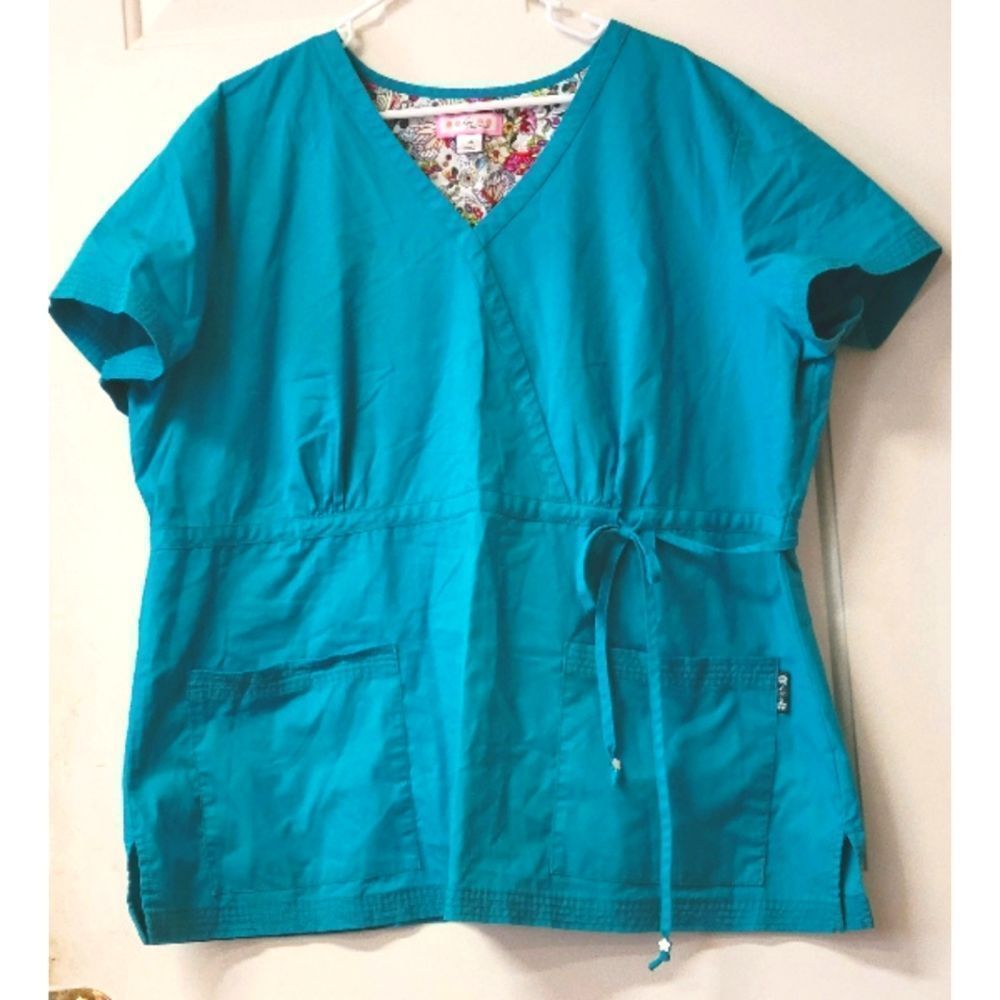 Koi by Kathy Peterson Scrub Top Size 3X Turquoise Solid Katelyn drawstring waist